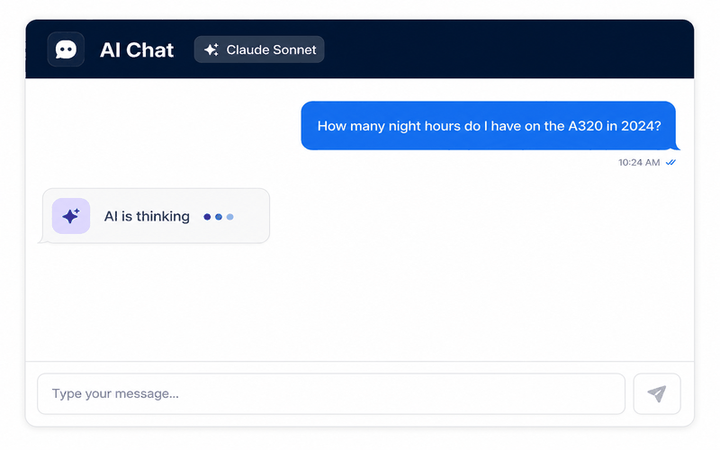 Animated demo: pilot asks AI about night hours on A320, AI responds with precise data from logbook