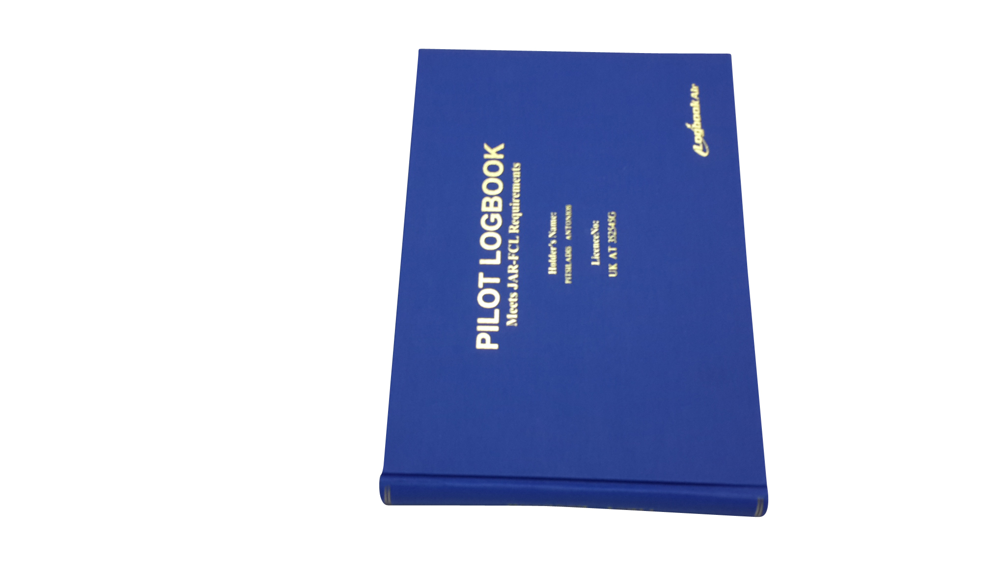 Blue pilot logbook with gold letter imprint