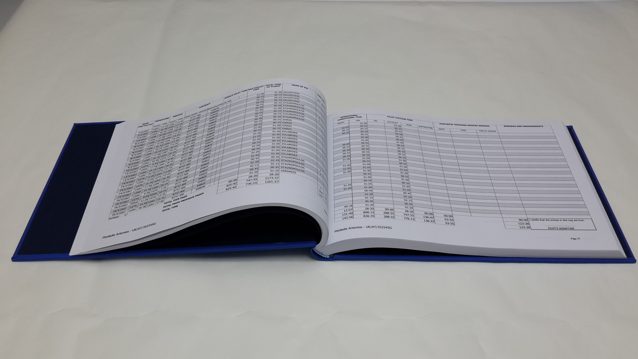 Pilot logbook inside view showing printed pages